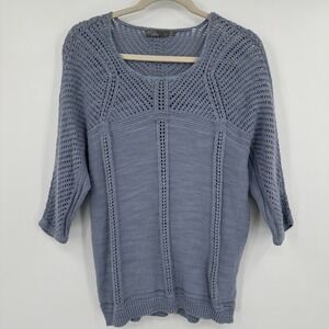 Prana Women's Knit Sweater Blue Organic Cotton 3/4 Sleeve Open Stitch Size L